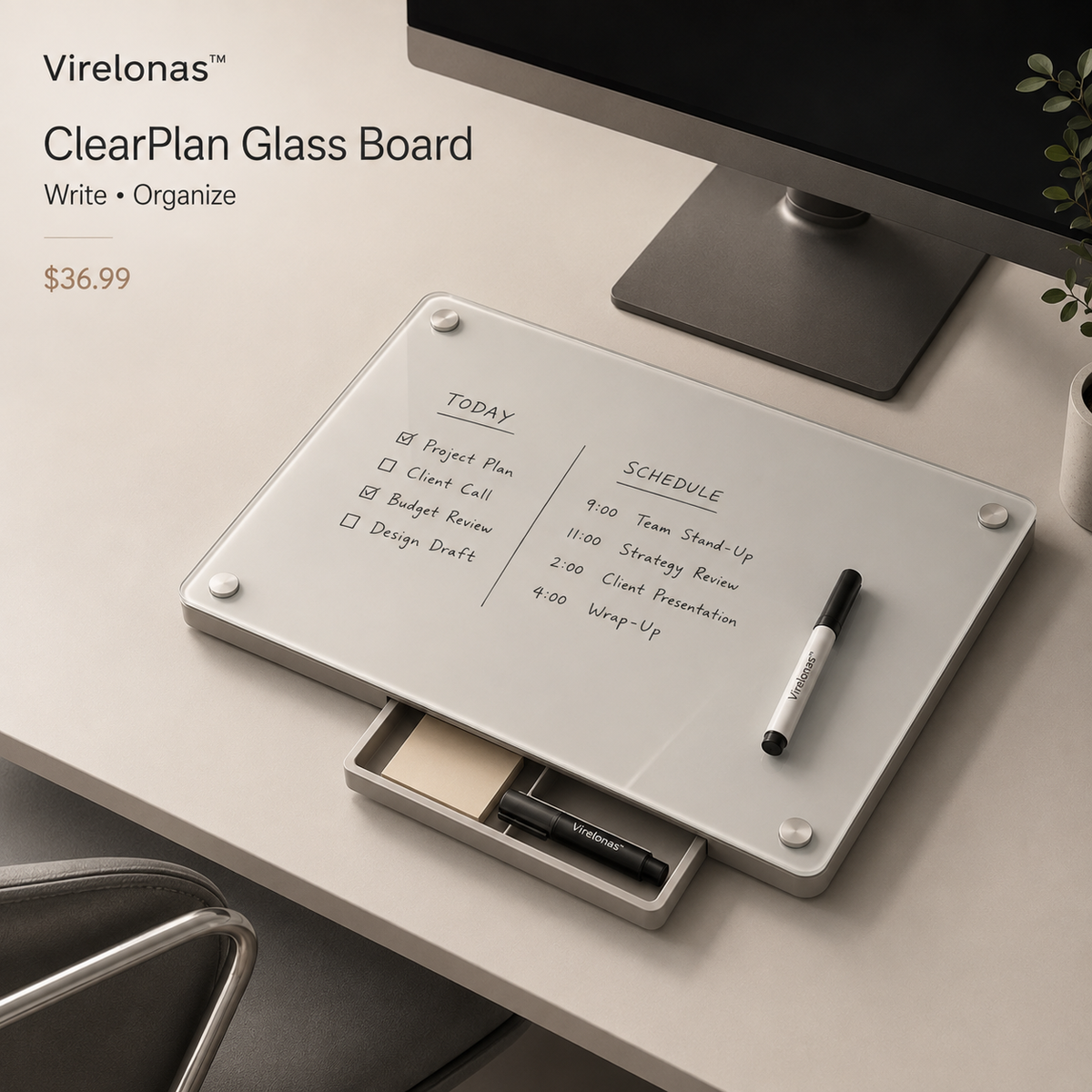 Virelonas™ ClearPlan Desktop Glass Board